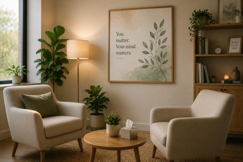 Cozy mental wellness consulting space showing a framed painting with text 'You matter. Your mind matters.'